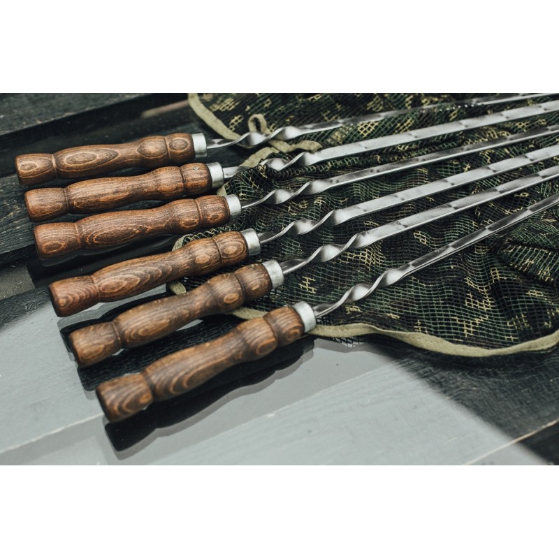Edelstahlspieße-Set mit Holzimprägniergriff und Gravur Reckless Antikbraun, 6-teilig, flach, mit Tasche