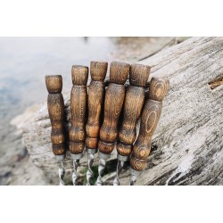 Edelstahlspieße-Set mit Holzimprägniergriff und Gravur Reckless Antikbraun, 6-teilig, flach, mit Tasche