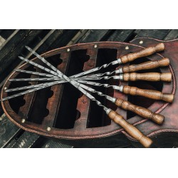 Edelstahlspieße-Set mit Holzimprägniergriff und Gravur Reckless Antikbraun, 6-teilig, flach, mit Tasche