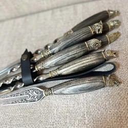 “Animals” Skewer Set with Fork in Leather Quiver, Stainless Steel, 700 mm